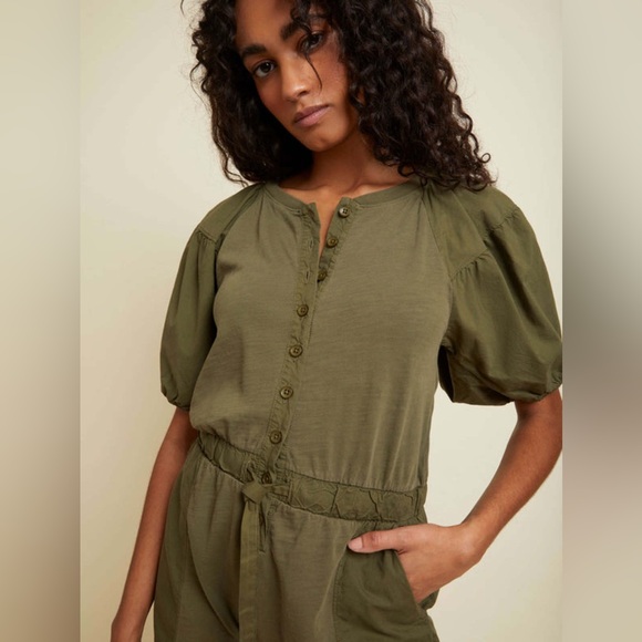 NATION LTD Garner Combo Romper - Ivy Green Size XS Cotton Puff Sleeves Neutral - Picture 4 of 16
